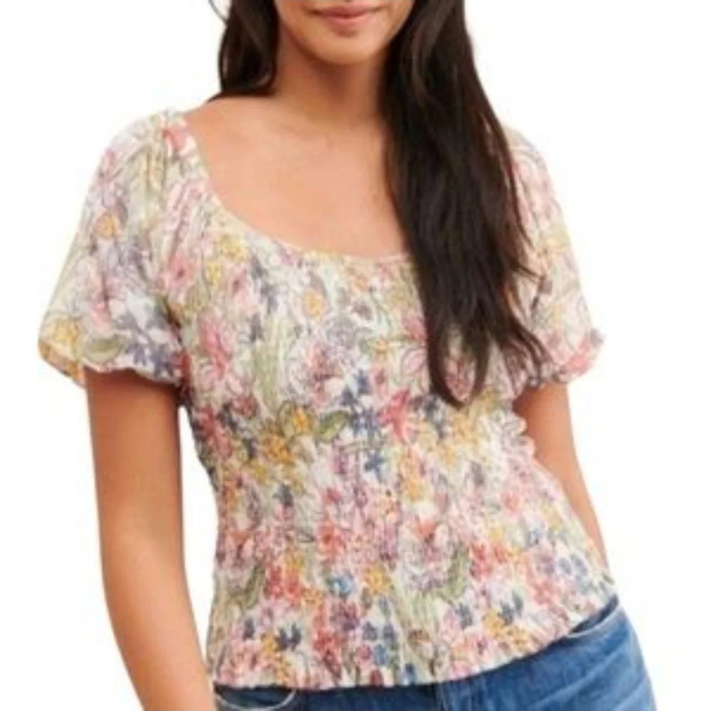 By Anthropologie Aurelia Floral Smocked Blouse with Short Puff Sleeves Large